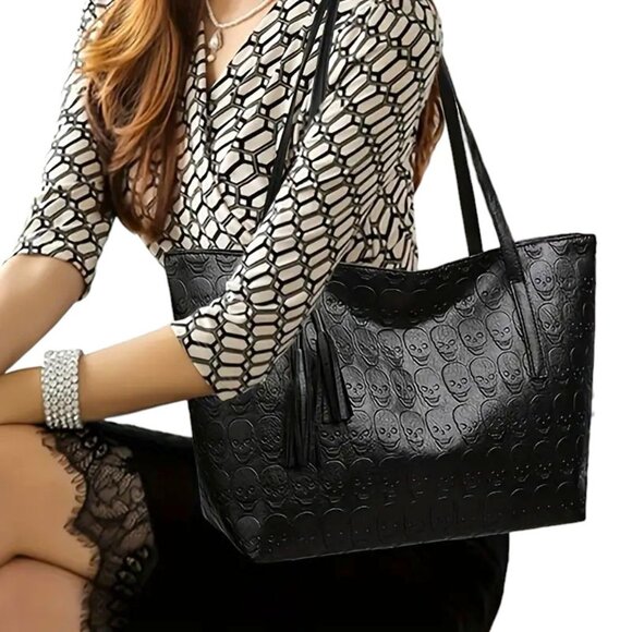 New Goth Skull Print Black Tote Purse Handbag All Over Embossed PU Leather Roomy - Picture 1 of 5